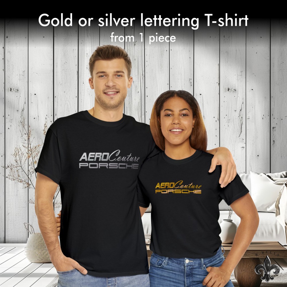 T-shirt with metallic gold or silver logo (minimum 2 copies)